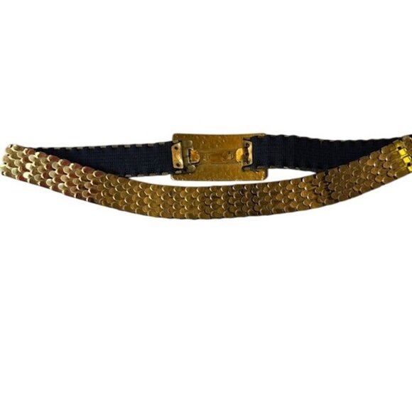 Vintage Gold-Tone Metal Waist Belt With Textured Rectangular Clasp & Elastic Bac - Picture 4 of 10